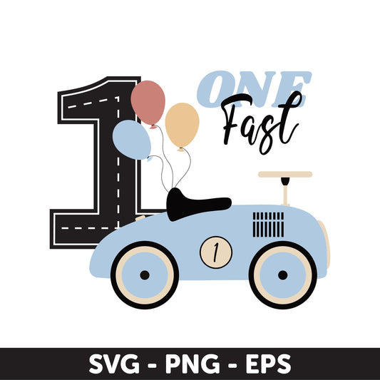 One Fast Birthday SVG - Vintage Race Car First Birthday Design with Balloons for Boys, One Fast SVG, Vintage Car Birthday, Birthday Boy SVG