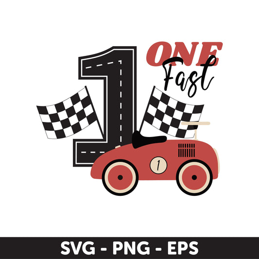 One Fast Birthday SVG - Red Race Car First Birthday Design with Checkered Flags for Boys, First Birthday SVG, Red Race Car Birthday