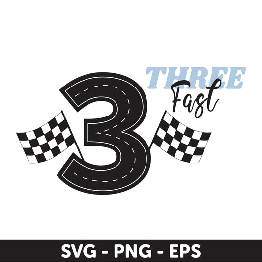 Fast & Three Race Car Birthday SVG – Road Number 3 with Checkered Flags Design, Kids Birthday Party Svg, Race Car Birthday Svg