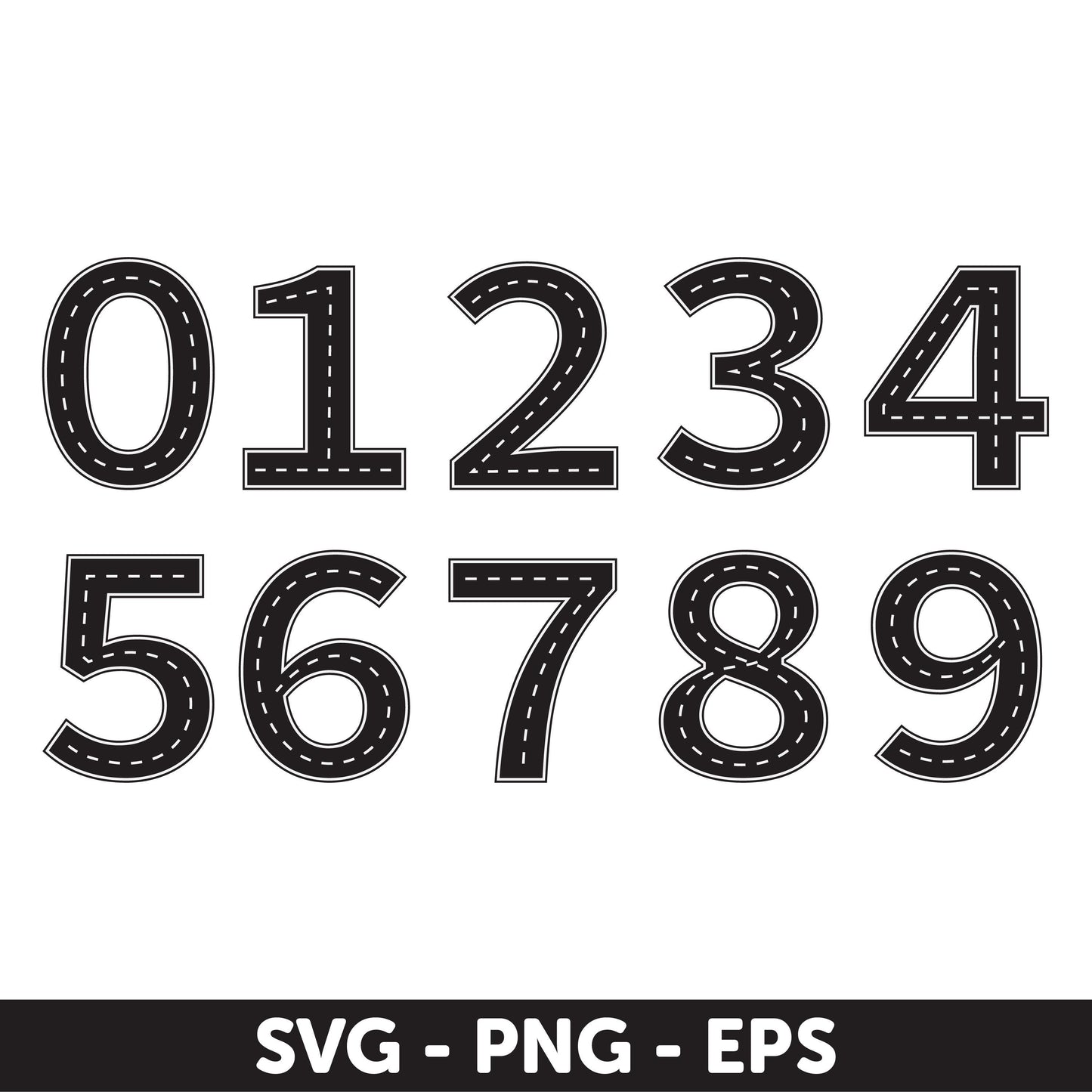 Road Number SVG Bundle – Road-Themed Numbers 0-9 with Lane Markings, Road number SVG, Birthday Svg, Number Svg, Race Car Decor