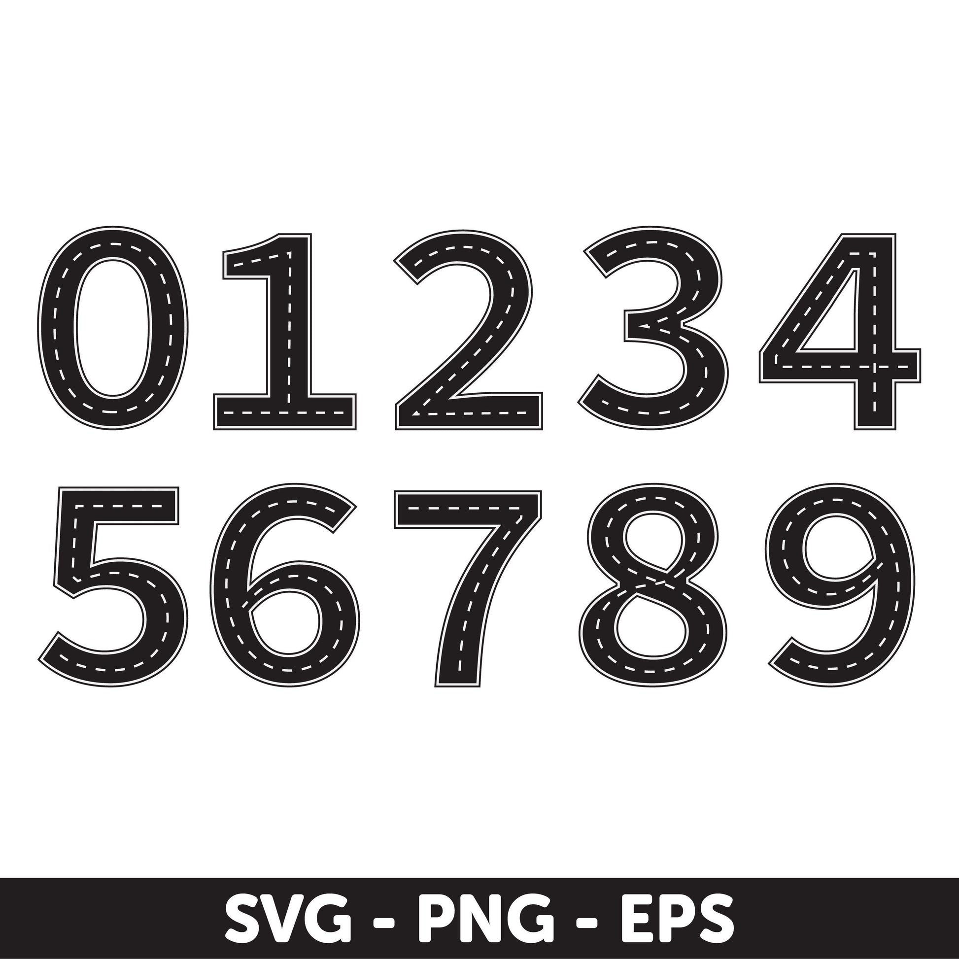 Road Number SVG Bundle – Road-Themed Numbers 0-9 with Lane Markings, Road number SVG, Birthday Svg, Number Svg, Race Car Decor