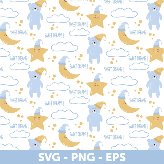 Sweet Dreams Svg, Baby Nursery Seamless Pattern - Moon, Bear, Star & Cloud Design for Kids, Whimsical Baby Design, Baby Room Wallpaper Svg