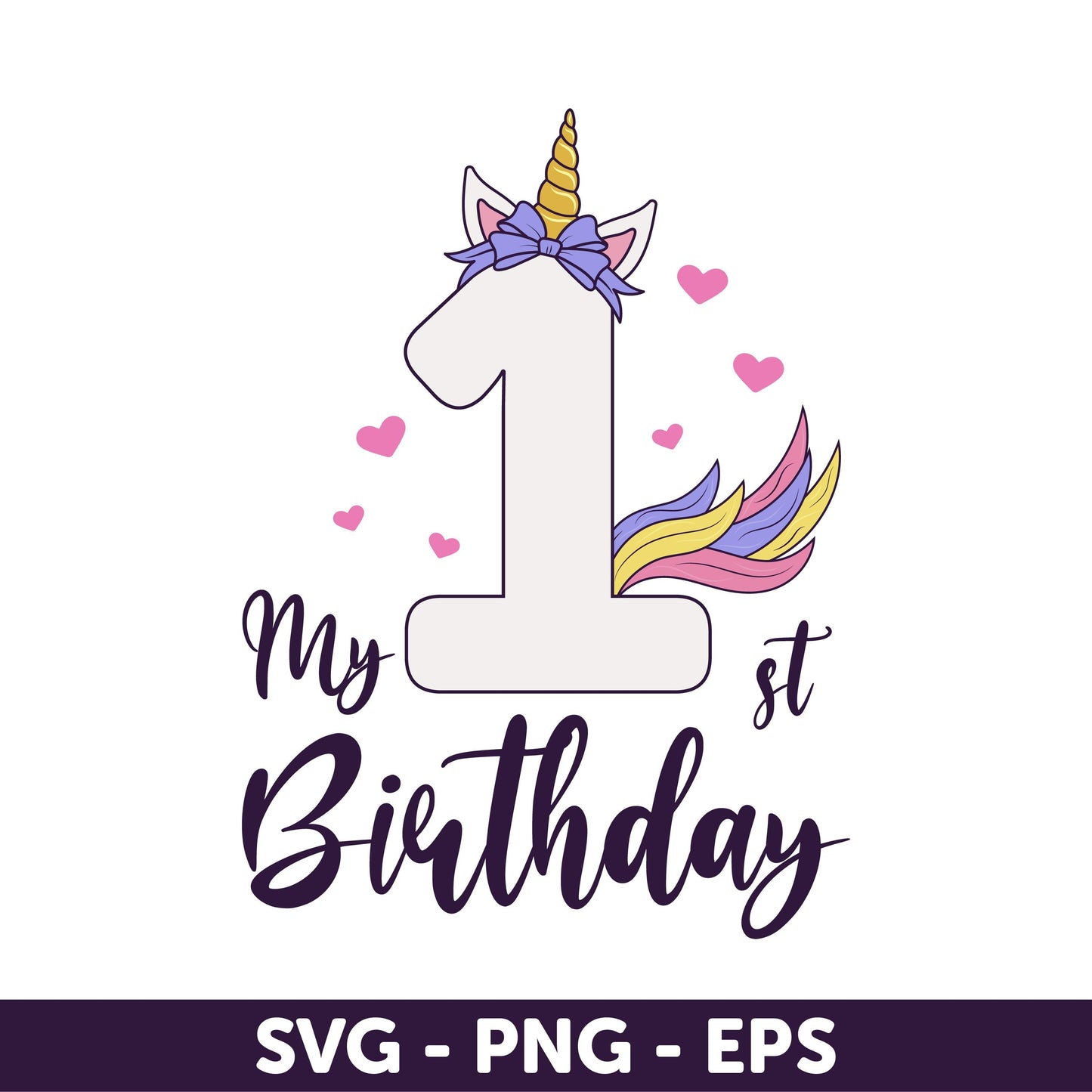 My 1st Birthday Unicorn with Bow SVG Bundle – Cute Unicorn Design for Baby Girl's First Birthday in Svg, PNG & EPS Formats, 1st birthday Svg