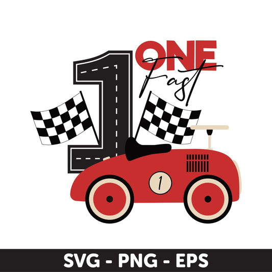 One Fast Birthday SVG, Race Car First Birthday Party, 1st Birthday Racing Car, Red Vintage Car Svg, Silhouette race car Svg, kids party Svg
