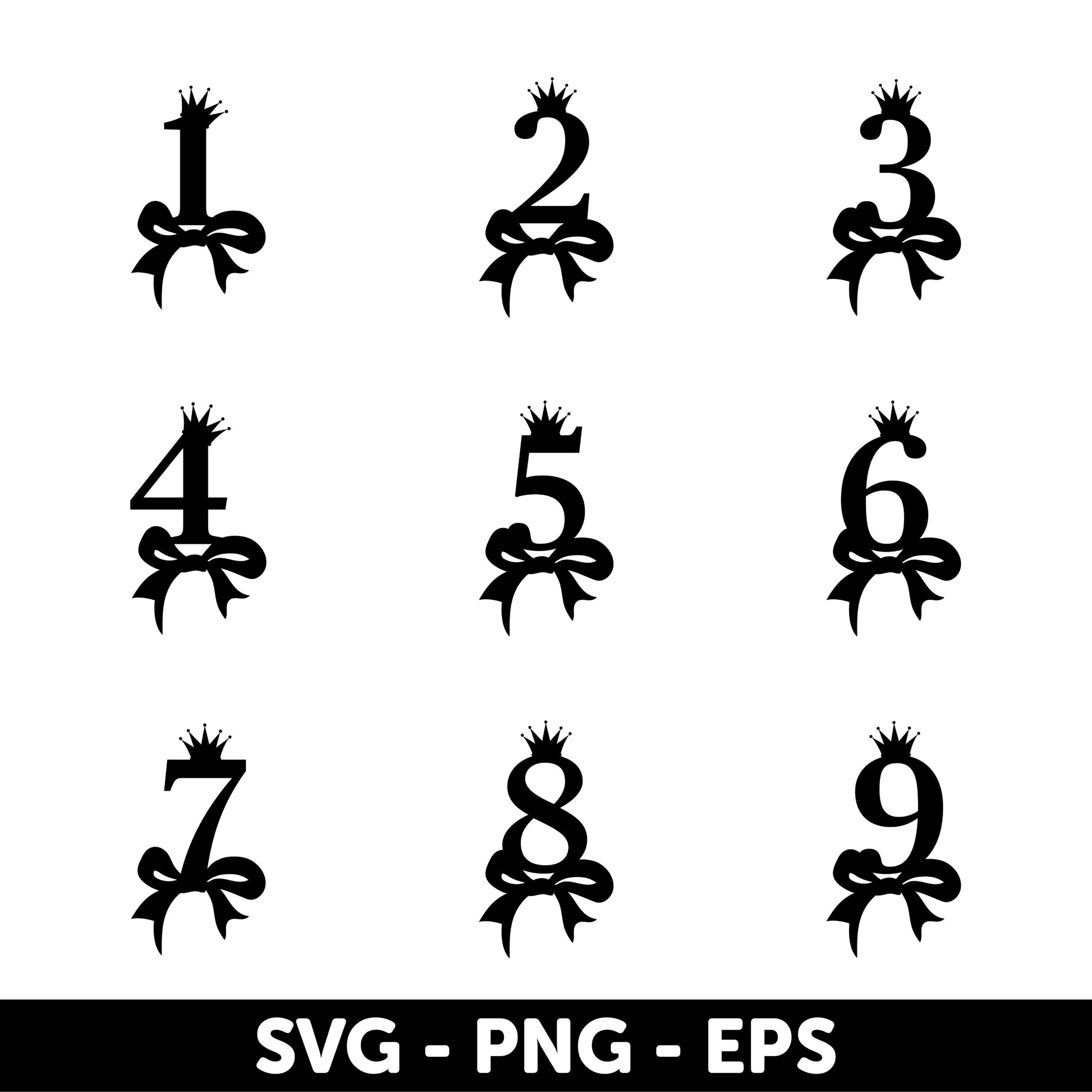 Elegant Numbers with Crown and Ribbon Design - Digital Cake Topper Set (0-9) - SVG, PNG, EPS for Birthday and Celebration Crafts