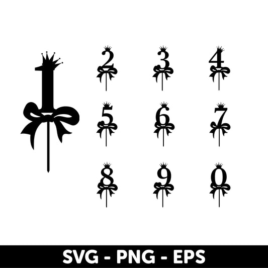 Elegant Numbers with Crown and Ribbon Design - Digital Cake Topper Set (0-9) - SVG, PNG, EPS for Birthday and Celebration Crafts