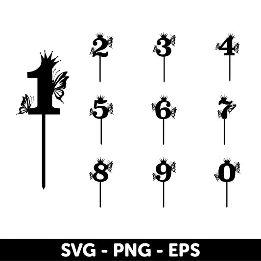 Fairy Tale Birthday Cake Toppers SVG, Numbers 0-9 with Crown and Butterfly, Digital cake topper designs Svg, Elegant number decorations