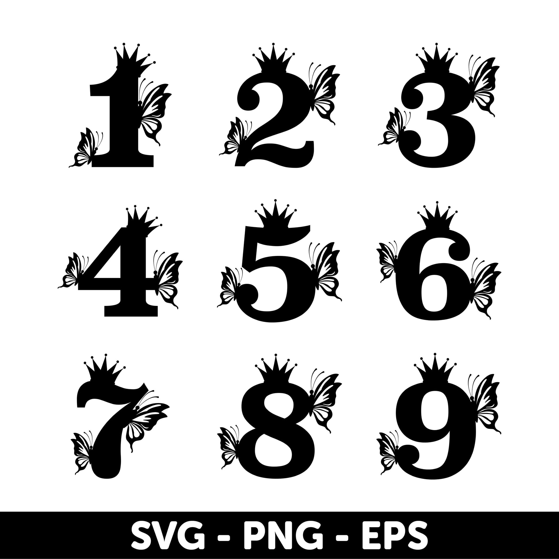 Fairy Tale Birthday Cake Toppers SVG, Numbers 0-9 with Crown and Butterfly, Digital cake topper designs Svg, Elegant number decorations