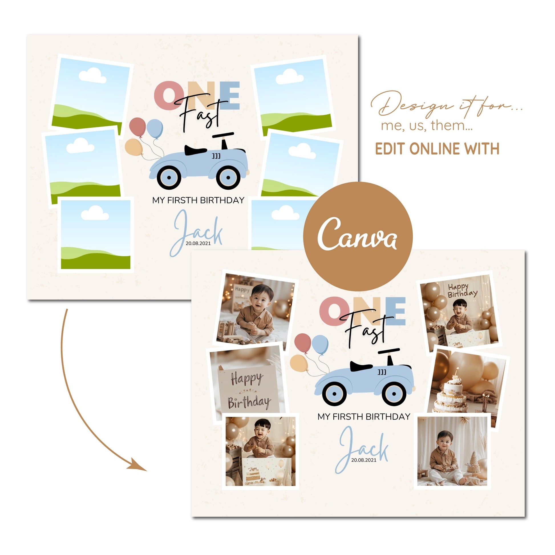 One Fast Editable Birthday Collage Template for Canva 20x16 in Personalized First Birthday, Birthday Gift, First Birthday Photo Collage