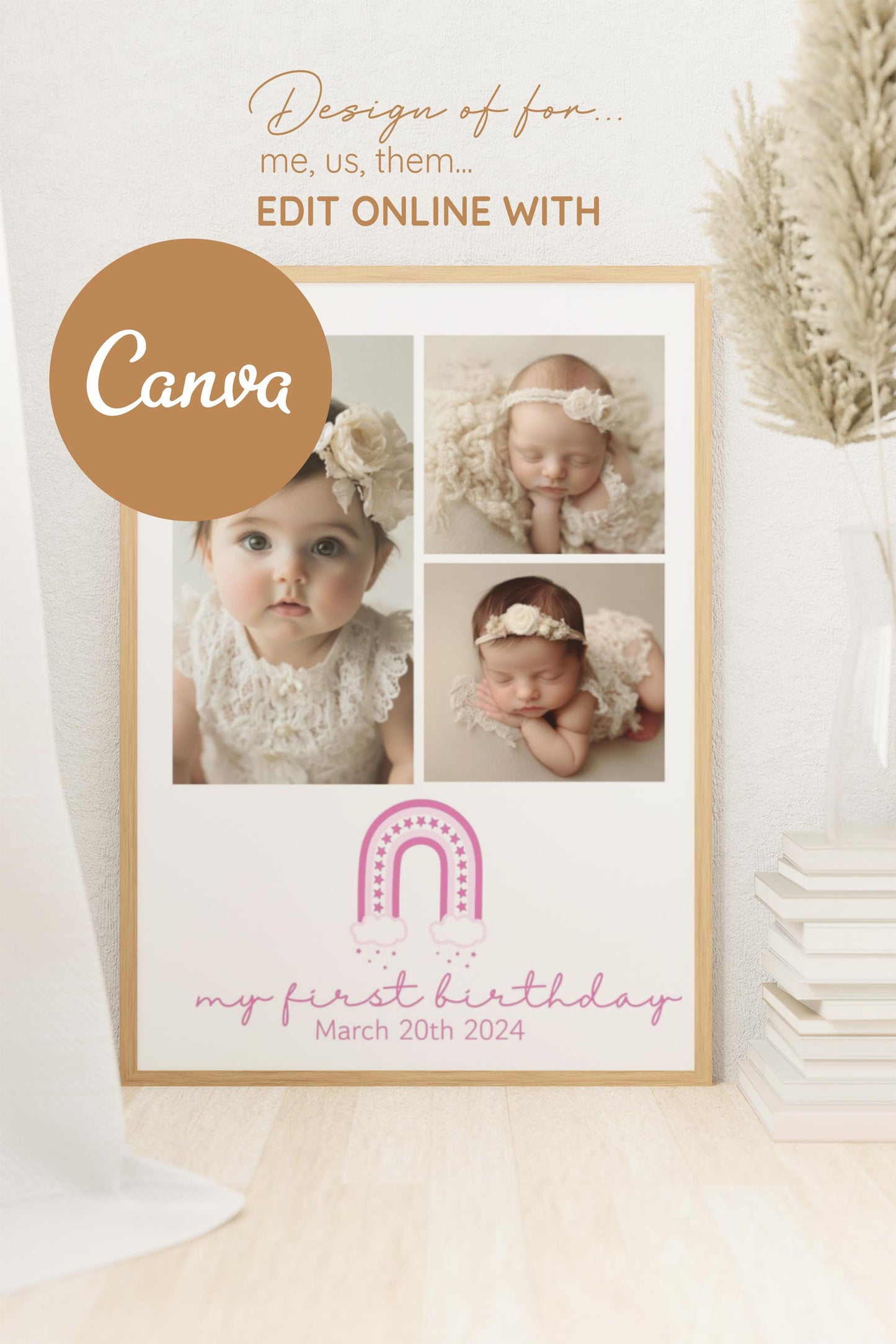 First birthday collage Canva template, Baby’s First Birthday, Birthday gift, First Birthday collage, Collage Template Rainbow,