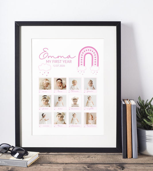 First Birthday Collage, Editable Baby's First Year Photo Collage Template | Monthly Milestone Keepsake | Rainbow Theme Canva Template