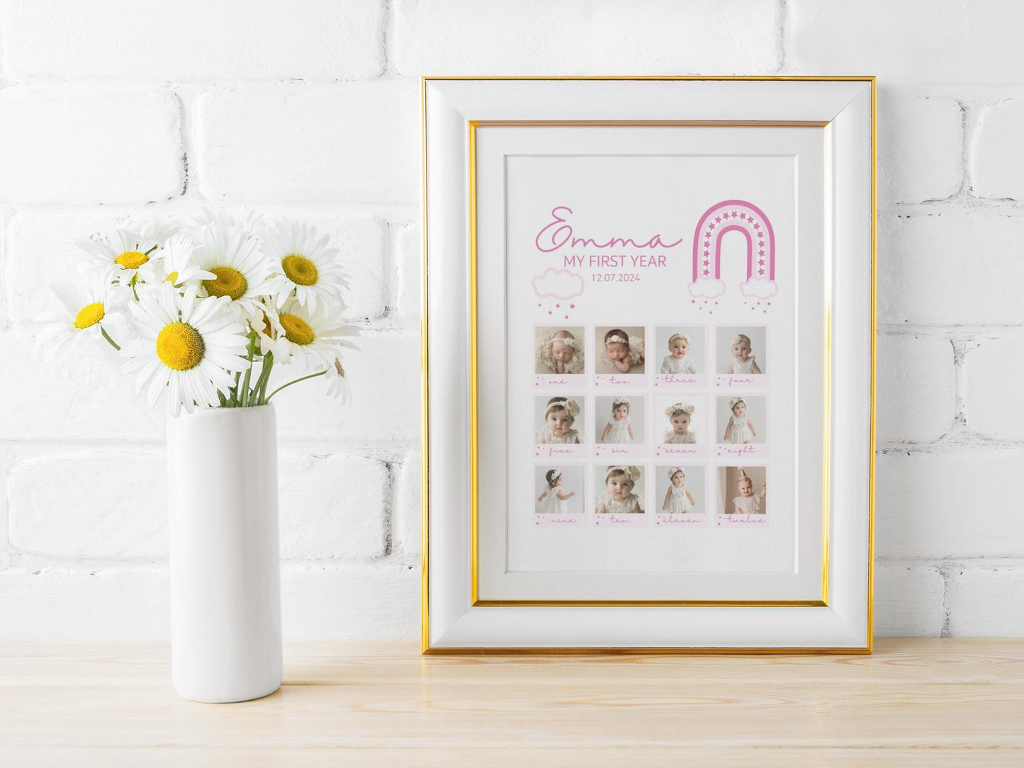 First Birthday Collage, Editable Baby's First Year Photo Collage Template | Monthly Milestone Keepsake | Rainbow Theme Canva Template