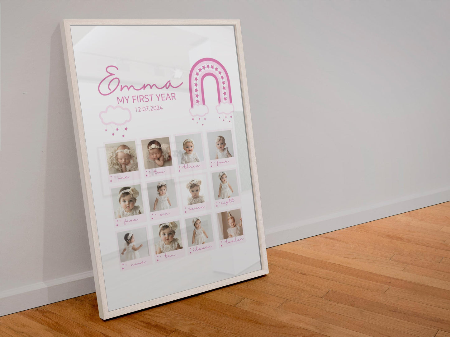First Birthday Collage, Editable Baby's First Year Photo Collage Template | Monthly Milestone Keepsake | Rainbow Theme Canva Template