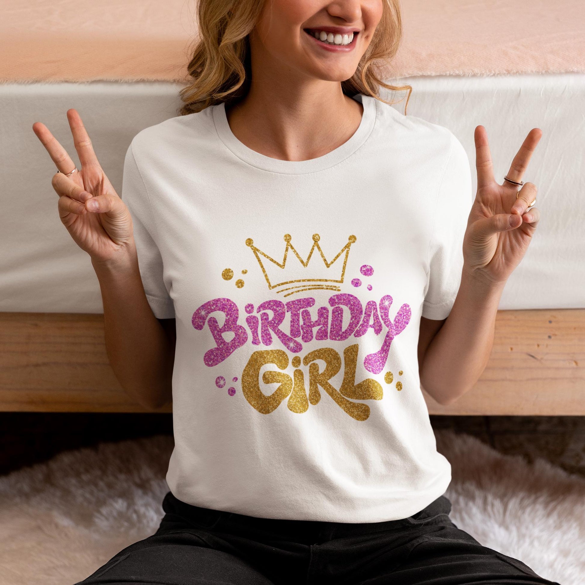 Glitter Birthday Girl PNG, Gold & Pink Birthday Design, Birthday Girl PNG, women's Cute Birthday, Crown PNG, T-Shirt Design