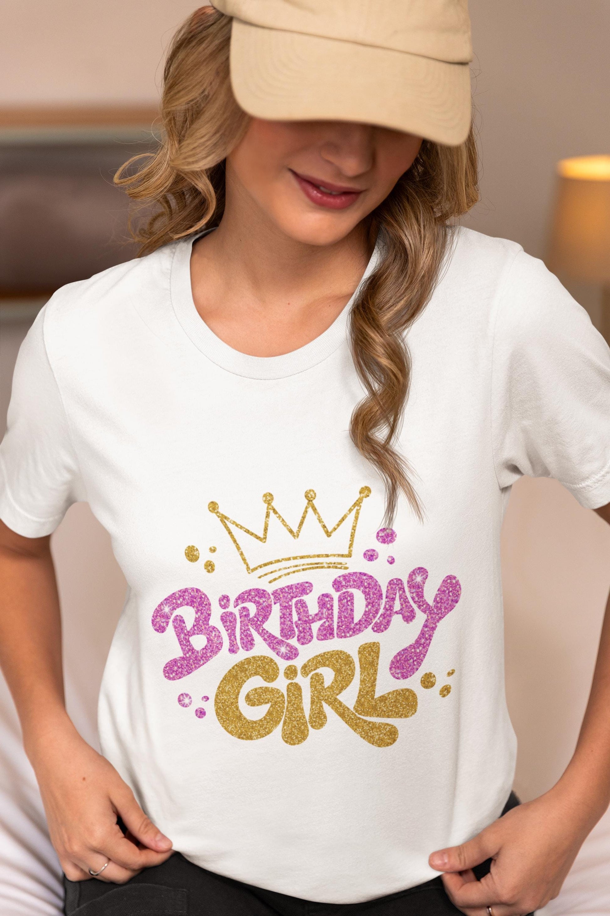 Glitter Birthday Girl PNG, Gold & Pink Birthday Design, Birthday Girl PNG, women's Cute Birthday, Crown PNG, T-Shirt Design