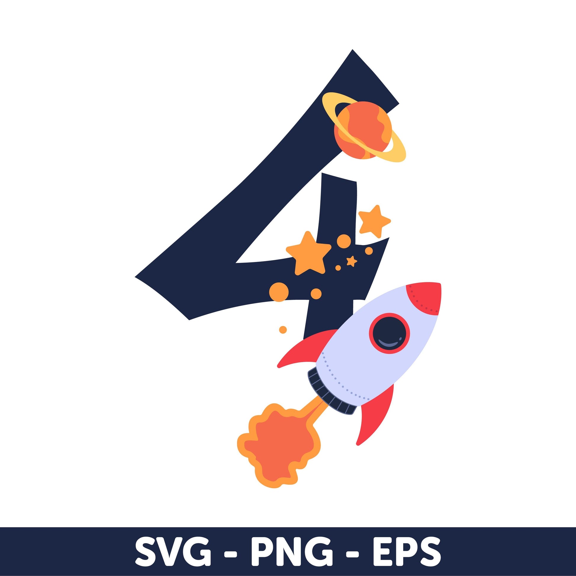 4th Birthday Party, Fourth Birthday Celebration, Number 4 Space Theme Clipart – Rocket & Planets Birthday Design – PNG, SVG, EPS