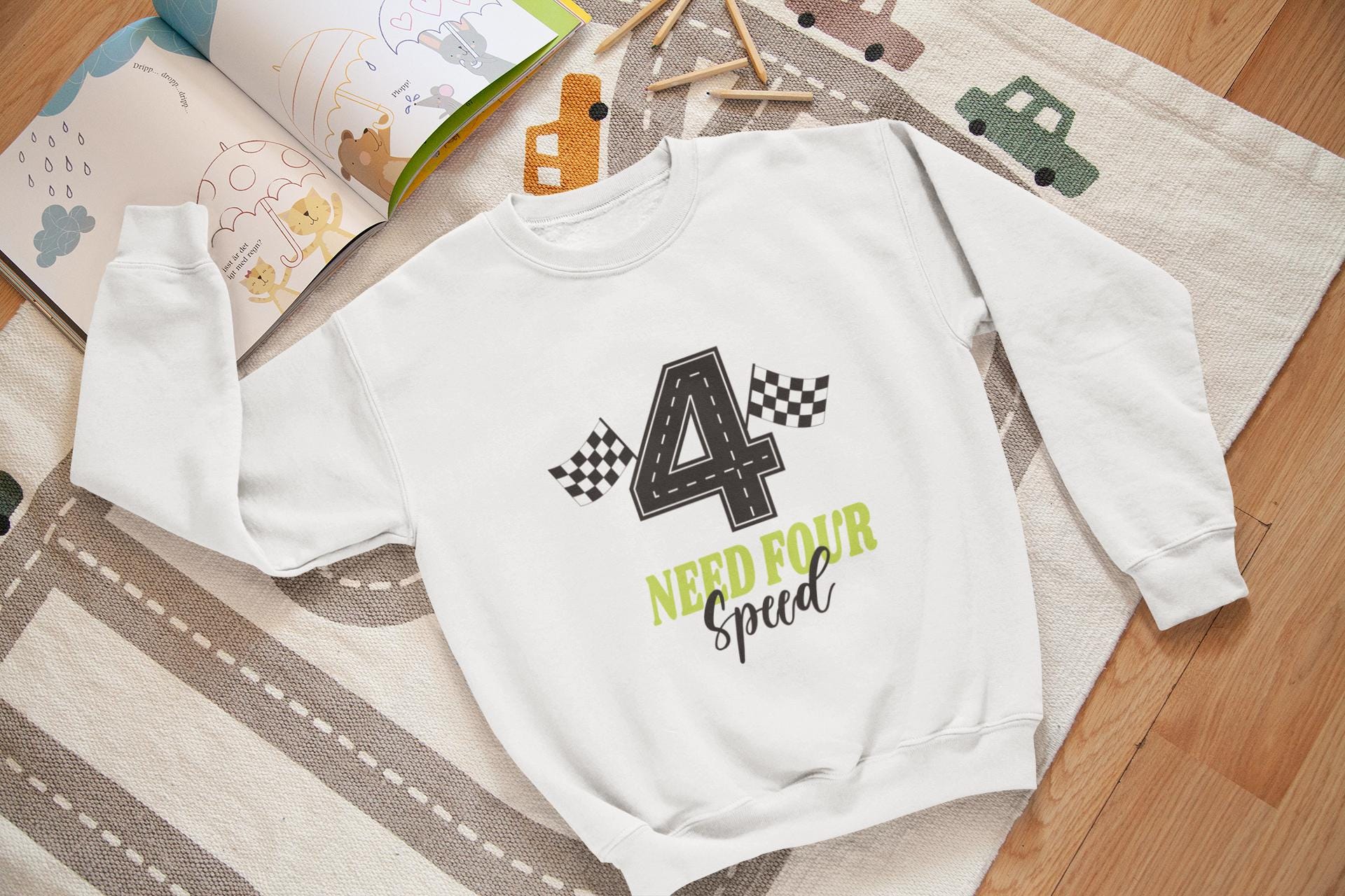 Need Four Speed SVG – 4th Birthday Racing Car SVG – Race Track Number 4 Cut File – Lime Green Birthday Shirt Design